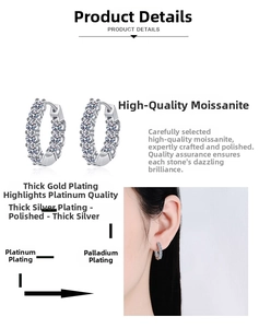 Detail view of S925 silver moissanite hoop earrings with multi-layer rhodium plating