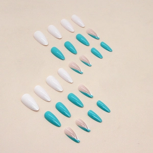 French almond press-on nails in white, teal, and geometric patterns, 24-piece set