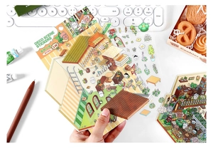 Detail of 2.5D PET deco scene stickers featuring cute room furniture and bear characters
