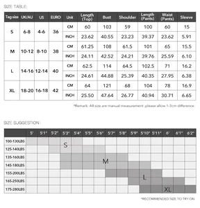 Detailed size chart for women's knit short sleeve set with CM and INCH measurements