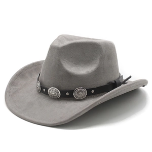 Detail of light grey faux suede cowboy hat featuring black leather belt and silver conchos
