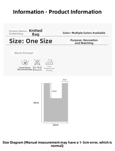 Size chart showing 36x20cm dimensions and care instructions for the knit tote bag