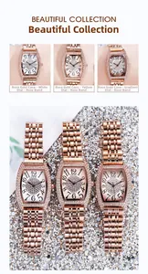 Détails macro des montres tonneau en or rose avec lunette sertie de cristaux brillants