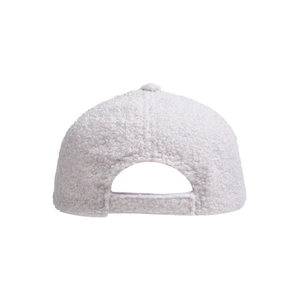 Detailed back view of a plush white lambswool baseball cap with adjustable strap closure