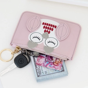 Pink owl faux leather mini coin purse with gold keychain and cute embroidery detail