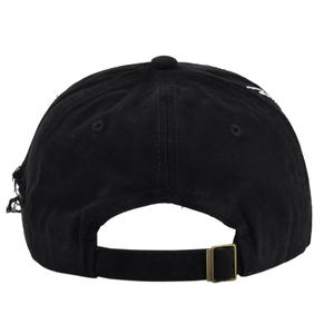 Rear view of black distressed baseball cap with metal buckle and worn fabric details