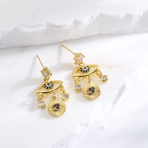 18K gold plated evil eye earrings with blue gemstones and cubic zirconia pendants