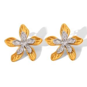 Elegant two-tone flower stud earrings with gold petals and silver core on white background