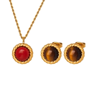 Vintage Stainless Steel Round Pendant Necklace And Earrings Twisted Rope Border Tiger Eye And Red Turquoise Stone For Women