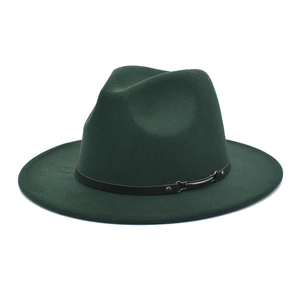 Detail of dark green wool fedora hat featuring a black leather band and metal buckle