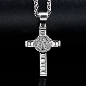 316L stainless steel cross necklace with St. Benedict medal and square cubic zirconia
