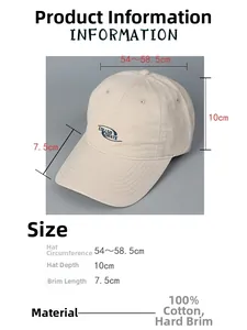 Detailed size chart for the 100% cotton baseball cap showing cap depth and circumference