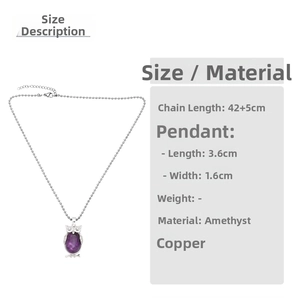 Detailed size chart showing amethyst owl pendant dimensions and copper chain length