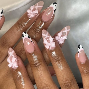 ABS Pink Sweet Bow Cow Print French Press On Nails Almond Shape Medium Fake Nails Glossy Elegant Manicure For Women