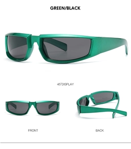 Detail view of sporty green and black sunglasses showing multiple angles and sleek frame