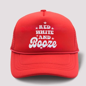 Front detail of red mesh trucker hat featuring white printed Booze slogan and rope trim