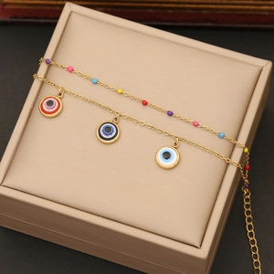 Double-layered golden stainless steel evil eye necklace with colorful accent beads