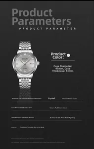 Detail view of 316L stainless steel watch specs with luminous dial and calendar display