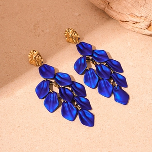 Fashionable blue acrylic flower petal tassel drop earrings with golden metal accents