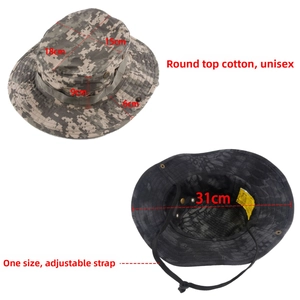 Detailed view of camouflage boonie hat featuring breathable eyelets and adjustable strap