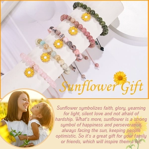Close-up of adjustable sunflower charm bracelets with colorful natural stone beads