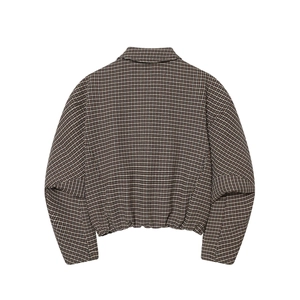 Women's cropped houndstooth jacket in brown and black, back view flat lay fashion piece