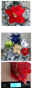 Macro detail of velvet poinsettia flowers with glitter edges on a Christmas tree