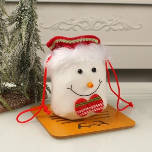 Velvet Christmas snowman gift bag with red drawstring and sequin bowtie decoration