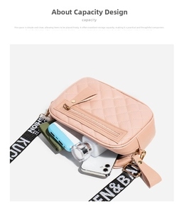 Internal capacity view of pink quilted crossbody bag with essentials like phone and perfume