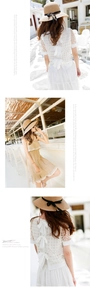 Detail of elegant khaki summer dress with lace trim and black bow straw sun hat