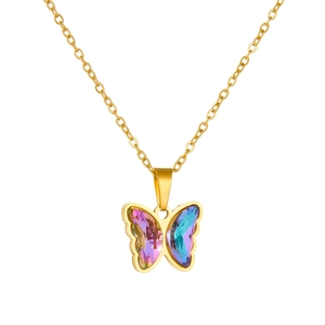 Elegant gold butterfly necklace set with gradient colorful crystals on a white background