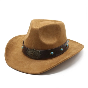 Brauner Western-Cowboyhut aus Wildlederimitat mit Türkisperlen und Retro-Sternschnalle