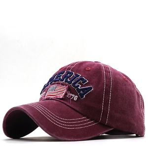 Vintage washed burgundy baseball cap with America embroidery and USA flag patch details