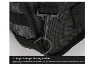 Detail of high-strength plastic buckle and camo webbing on black tactical chest bag