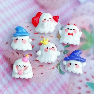 Mini glossy white resin ghost charms with colorful hats for Halloween DIY accessories