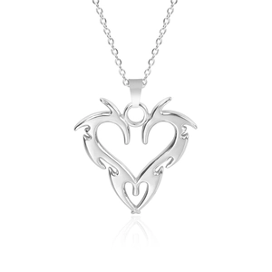 Close-up of a silver heart flame totem pendant on a stainless steel necklace chain