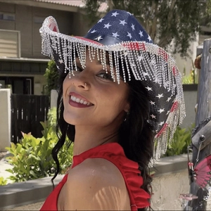 American flag themed cowboy hat with sparkling rhinestone fringe and patriotic stars