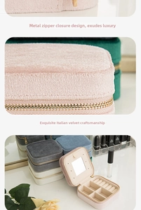 Velvet jewelry box with mirror and gold metal zipper showing premium fabric texture