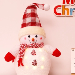 Luminous plush Christmas snowman with LED lights, red plaid hat, and scarf decoration