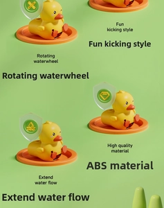 Detail of yellow duck faucet extender showing rotating water wheel and ABS material
