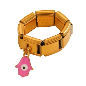 Modulares Edelstahl-Armband in Gold mit rosa Hand der Fatima und blauem Auge Anhänger