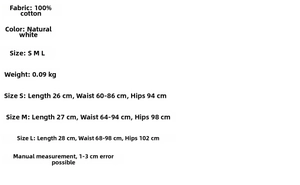 Detailed size chart for white cotton lace culottes showing waist and hip measurements