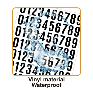 Waterproof 1 inch vinyl number stickers with black and white digits and water splash effect