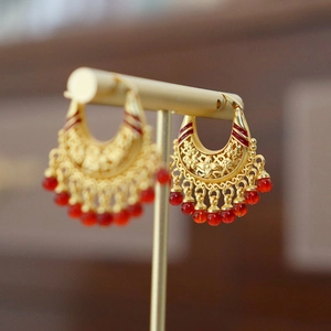Elegant Chinese vintage red tassel earrings with golden metal and enamel finish