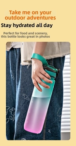 Detail of gradient frosted sports bottle with capacity markers and portable strap