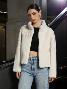 Women Faux Fur Jacket Short Plush Coat High Neck Zipper Warm Winter Outwear With Cable Knit Texture For Ladies