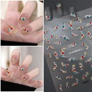 5D Embossed Nail Art Stickers 3D Relief Mixed Colorful Rhinestones Artificial Pearls Luxury Self Adhesive Waterproof DIY Decoration