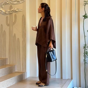 Women Casual Outfits Cotton Linen Blend V-Neck Tie Front Long Sleeve Top And Wide Leg Pants Vintage Solid Color