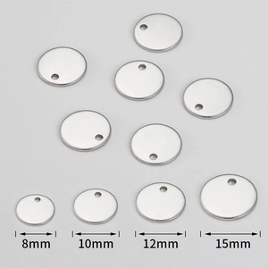 Polished stainless steel round pendant tags in four sizes with dimension markings