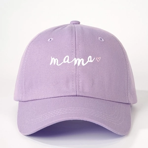 Light purple baseball cap with embroidered mama text and pink heart on a white background